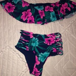 Off the shoulder top/ high waisted cutout bikini